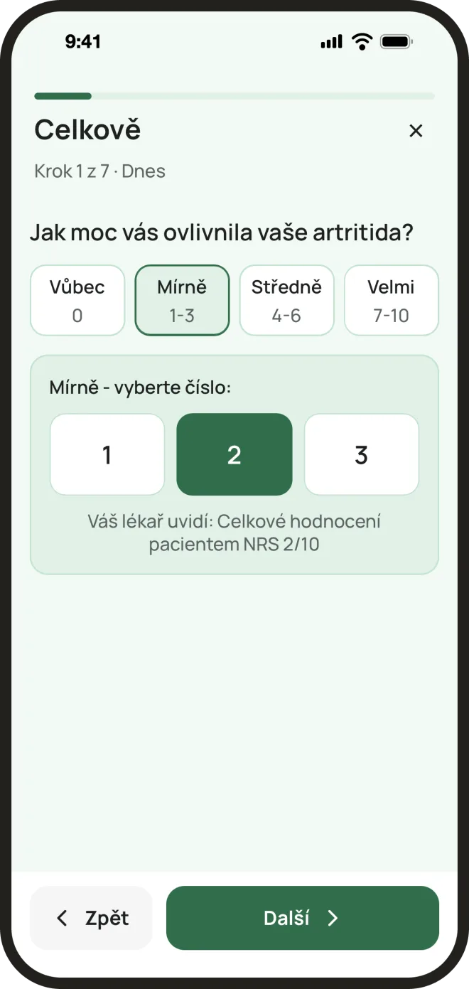 Denní check-in: otázka Jak moc vás ovlivnila vaše artritida? se stupnicí 0 až 10