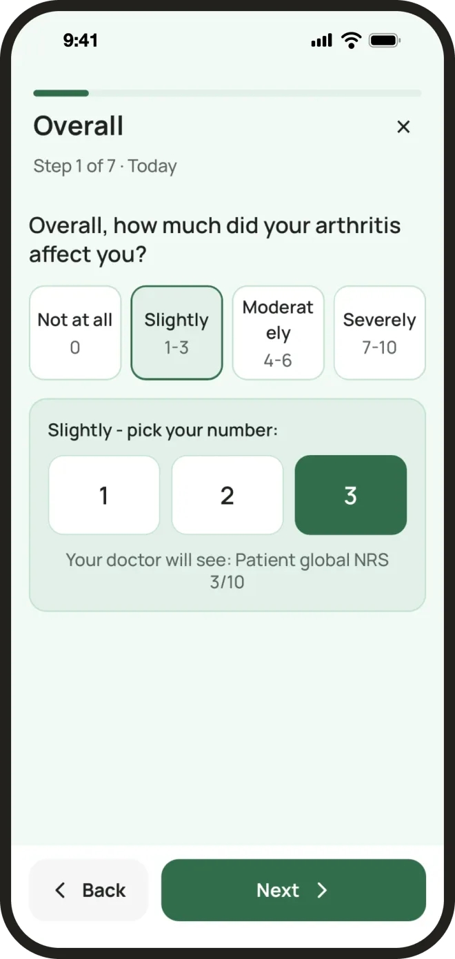 Daily check-in: the question Overall, how much did your arthritis affect you? with a scale from 0 to 10