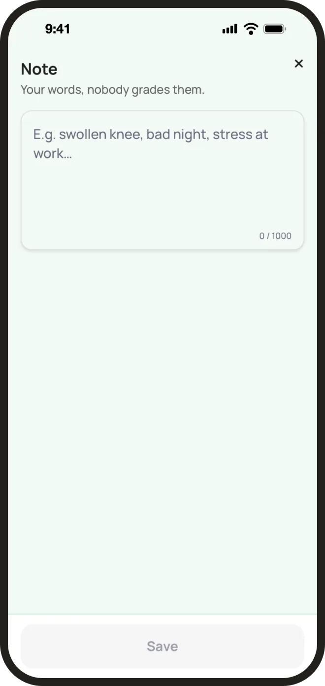 Note: an empty text field with the example E.g. swollen knee, bad night, stress at work