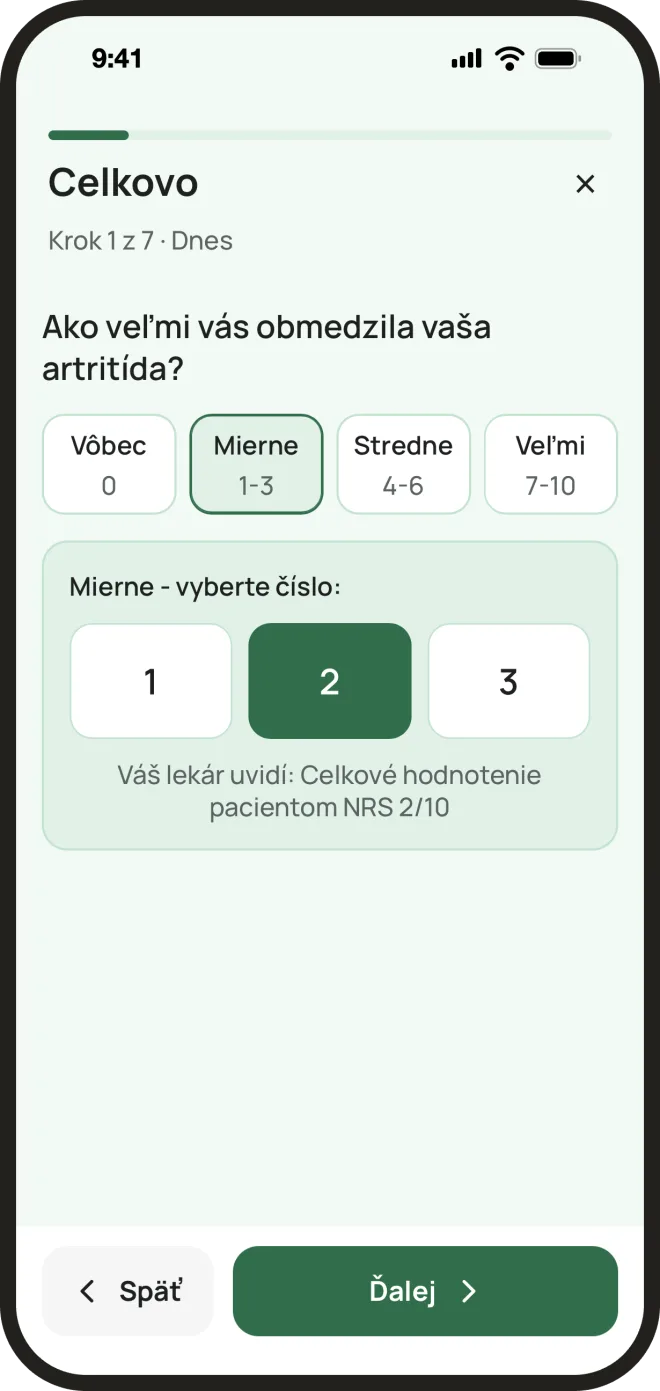 Denný check-in: otázka Ako veľmi vás obmedzila vaša artritída? so stupnicou 0 až 10